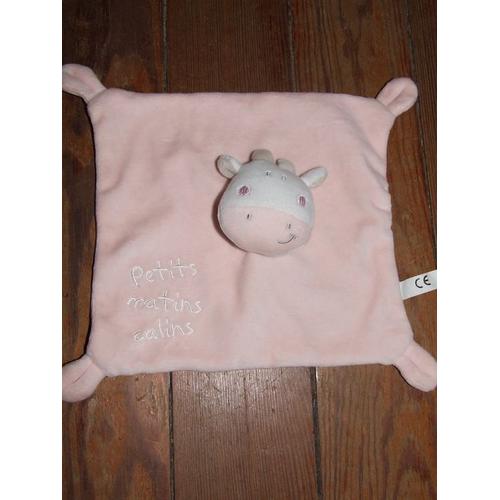 Vache Doudou Carré Plat Emc Distribution Petits Matins Calin Rose Blanc Dos Imprimé