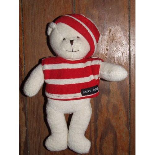 Ours Doudou Saint James Peluche Marin Rayé Rouge Blanc Crème 25 Cms