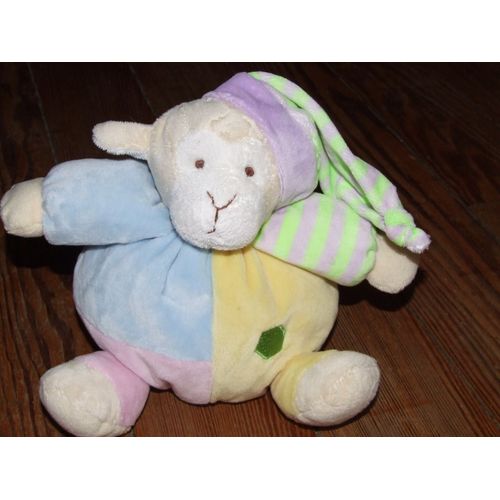 Mouton Doudou Boule Cmp Peluche Bleu Jaune Vert Mauve Rayé  Pastel 20 Cms + Bonnet 15 Cms