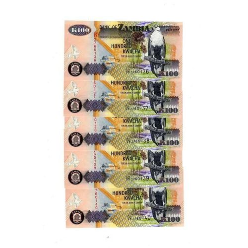 Lot De 5 Billets De Zambie 100 Kwacha 2006 Neuf Unc