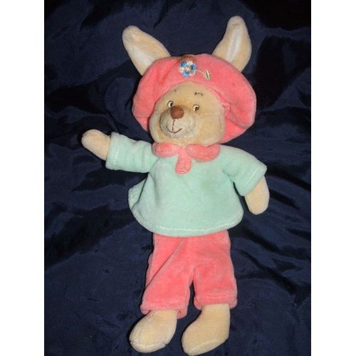 Jollybaby Peluche Doudou Lapin  Rose Vert Bleu Chapeu Brodé Fleur  24 Cm Jolly Baby