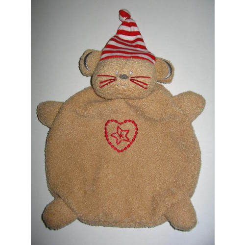 Souris Doudou Plat Absorba Marron Beige Rouge Peluche Coeur Bonnet Rayé
