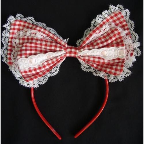 Serre Tête Gros Noeud Papillon Rayé Damier Rouge Blanc Lolita Japonais Déguisement Cosplay