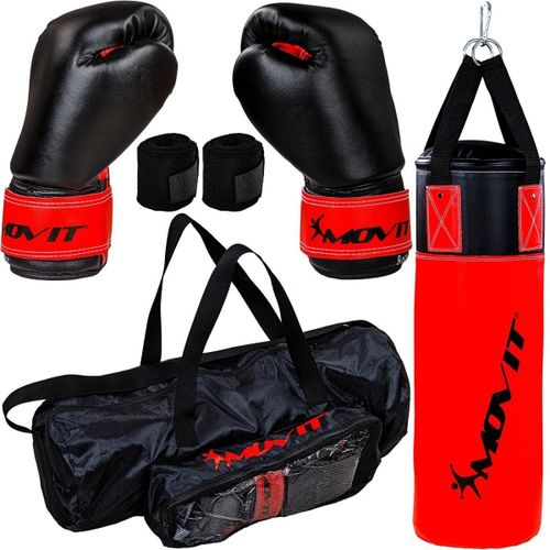 Movit® Set De Sac De Boxe 5,5kg, Rempli, Y Compris Sac De Boxe, (Hauteur 60cm X Diamètre 20cm), Gants De Boxe 8 Oz, Bandages De Boxe Et Sac, Pour Enfants Et Adolescents, Boxing Boxing, Rouge-Noir