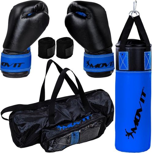 Movit® Set De Sac De Boxe 5,5kg, Rempli, Y Compris Sac De Boxe, (Hauteur 60cm X Diamètre 20cm), Gants De Boxe 8 Oz, Bandages De Boxe Et Sac, Pour Enfants Et Adolescents, Boxe, Bleu-Noir
