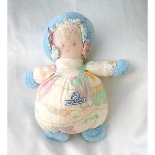 Doudou Poupée Boule Chiffon Blanc Imprimé Campagne Tête Main Pieds Fourrure Bleu Grelot Nounours