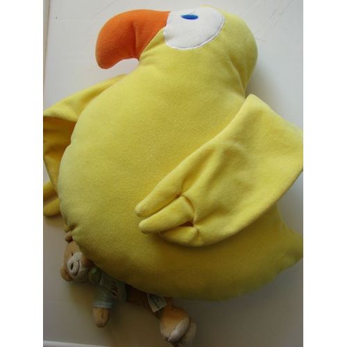 Coussin Perroquet En Velours Ras, Bec Orange, Corps Jaune, Petit Ours Doudou Velours Ras