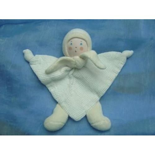 Doudou Plat Triangle Lutin Fille Blanc, Grelots, Nid D'abeille, Nounours, Avec Écharpe 27/22cms