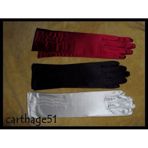 Gants Longs Perles Mariage Ceremonie Soirée - Sexy - Satin Noir Blanc Rouge