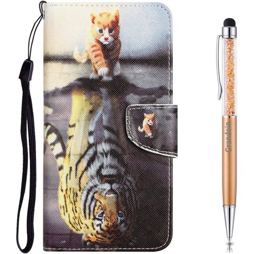 Coque Pour Xiaomi Redmi Note 9t, Tui Portefeuille En Cuir Pour Xiaomi Redmi Note 9t, Housse De Protection Etui Rabat Premium En Cuir Pu [Pochette De Portefeuille] [Magntique] (Chat Tigre)
