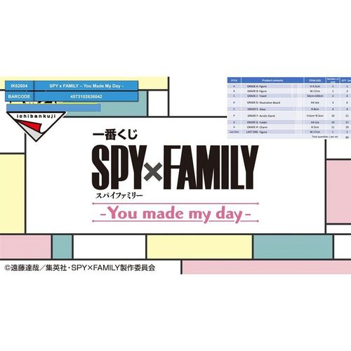 Banpresto Parcelle Ichiban Kuji Spy X Family You Made My Day 80 Articles Japonais Loterie
