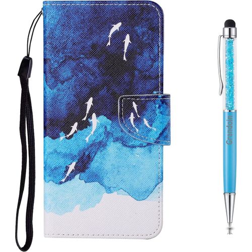 Coque Pour Huawei Y6p, Protection Housse En Cuir Portefeuille Livre, Cratif Peint Tui Flip Case Avec [Emplacements Cartes] [Fonction Support] [Magntique] (Poisson Aquarelle)