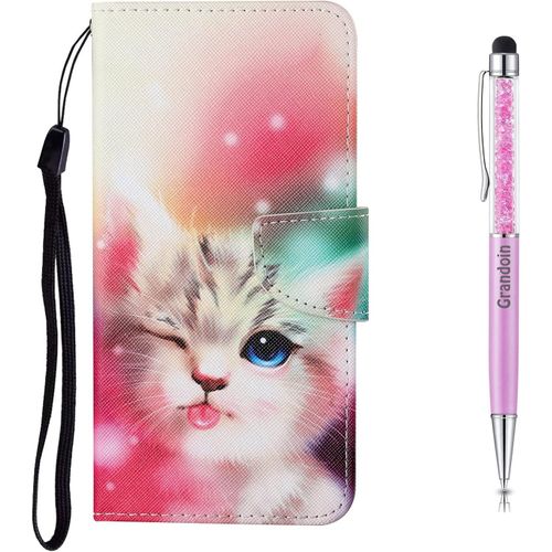 Coque Pour Huawei P Smart 2020, Protection Housse En Cuir Portefeuille Livre, Cratif Peint Tui Flip Case Avec [Emplacements Cartes] [Fonction Support] [Magntique] (Chat Clin D'oeil)