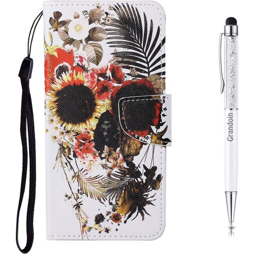 Coque Pour Huawei Y6p, Protection Housse En Cuir Portefeuille Livre, Cratif Peint Tui Flip Case Avec [Emplacements Cartes] [Fonction Support] [Magntique] (Crane 1)