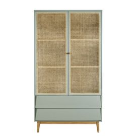 Armoire 2 Portes 2 Tiroirs Bleu Gris Cannage En Rotin