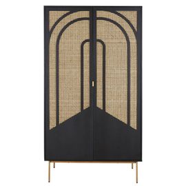 Armoire 2 Portes Battantes Noire, Cannage En Rotin Et Métal Doré