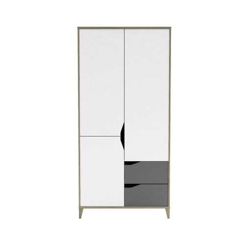 Armoire 3 Portes 2 Tiroirs Avec Penderie L89 Cm - Gris Et Blanc