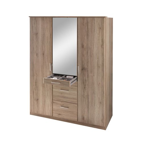 Armoire 3 Portes Dont 1 Miroir, 4 Tiroirs - L135 Cm