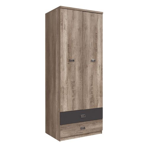 Armoire 2 Portes 2 Tiroirs Stratifiés Naturel Et Gris