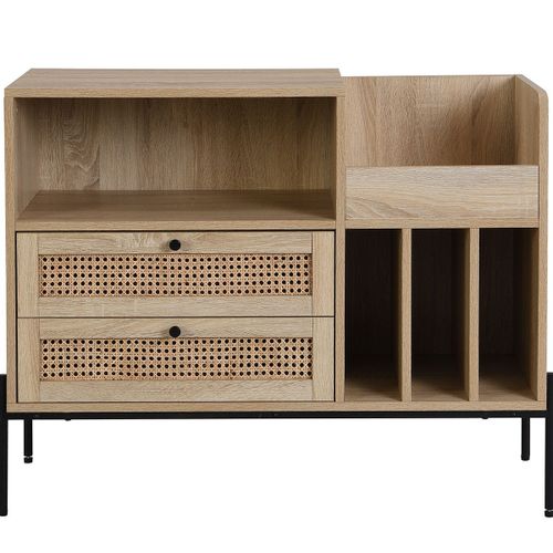 Meuble Range Vinyles 2 Tiroirs En Cannage Naturel Et Effet Chêne 90 Cm