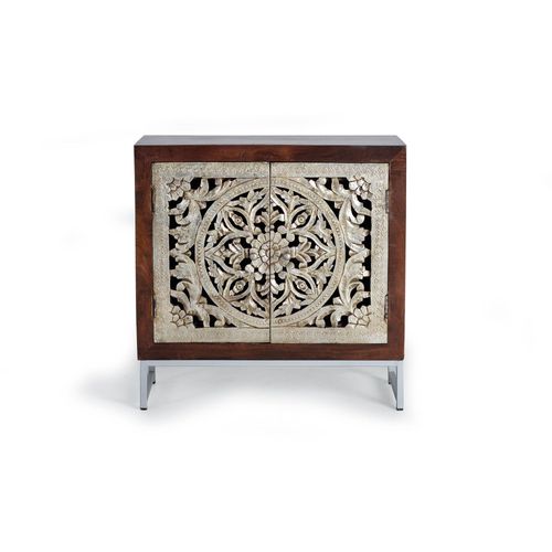 Buffet 2 Portes En Bois De Manguier Sculptée Et Feuille D'argent.