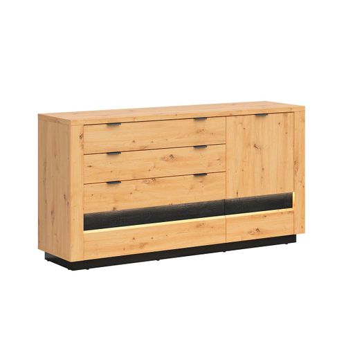 Buffet 1 Porte 4 Tiroirs Avec Led Naturel Et Noir