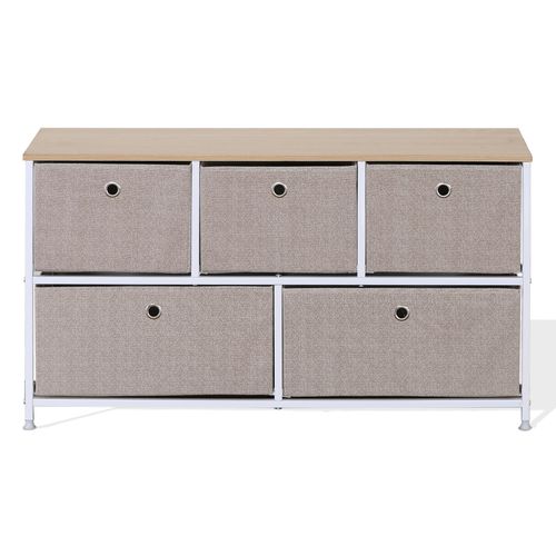 Buffet Enfilade À 5 Tiroirs En Metal Et Tissu Blanc Et Beige