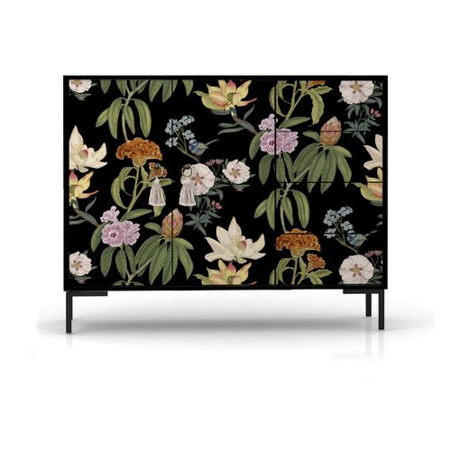 Buffet Bas 2portes 4 Tiroirs Mdf Imprimé Floral Sur Fond Noir