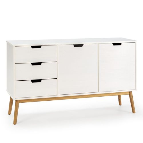 Buffet 3 Tiroir Y 2 Porte Blanc, Pin Massif, Longueur 140 Cm