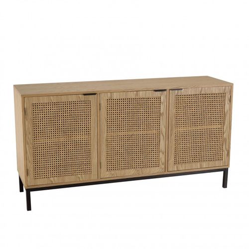 Buffet 3 Portes Cannage Naturel Pieds Métal Noir