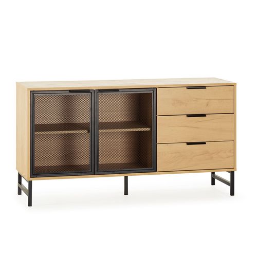 Buffet 2 Portes En Métal Noir Et 3 Tiroirs, 130 Cm