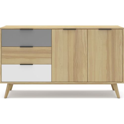 Buffet 2 Portes 3 Tiroirs En Pin Massif Blanc/Gris/Effet Chêne 140 Cm