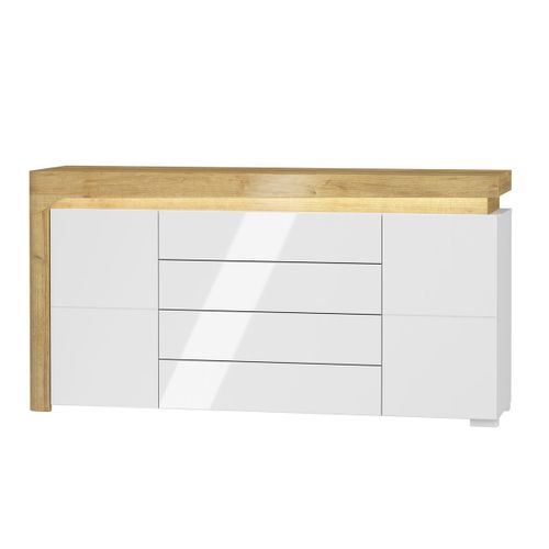 Buffet 2 Portes 4 Tiroirs Led Inclus Stratifiés Blanc Et Naturel