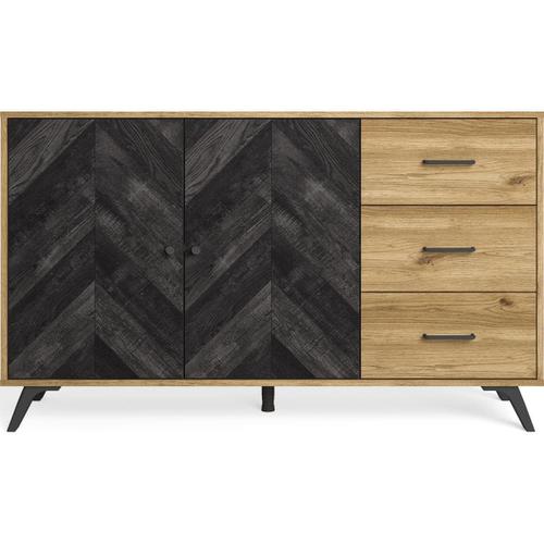 Buffet 2 Portes 3 Tiroirs Effet Bois Noir À Chevrons Et Naturel 136 Cm