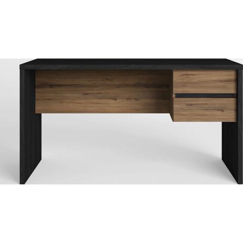 Bureau 2 Tiroirs Noir Et Effet Bois 136 Cm