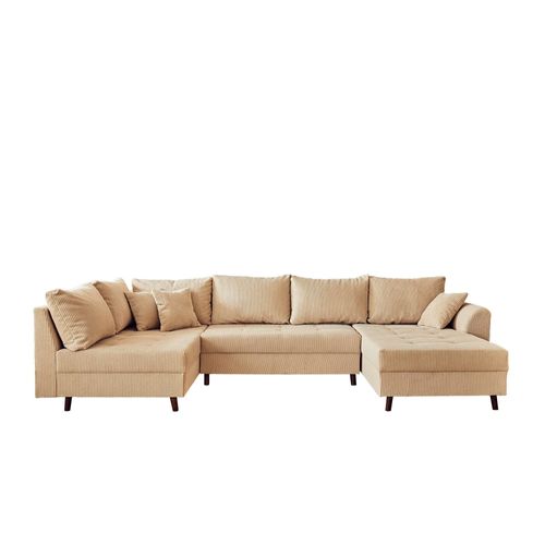 Canapé D'angle Gauche Convertible 7 Places En Velours Côtelé Beige
