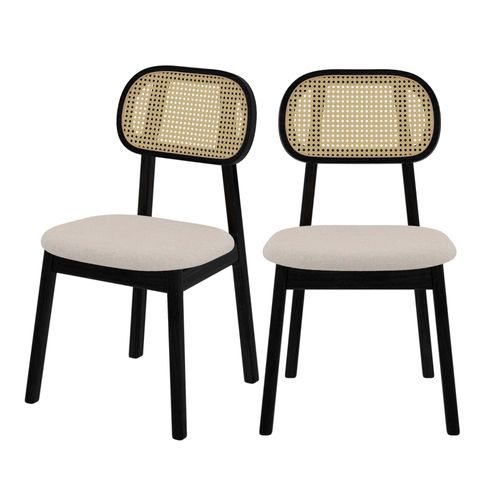 Chaise En Bois Noir, Tissu Beige Et Rotin (Lot De 2)