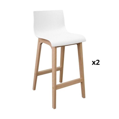 Tabourets D'ilot 65 Cm Pieds Chêne Assise Plastique Blanche -Lot De 2