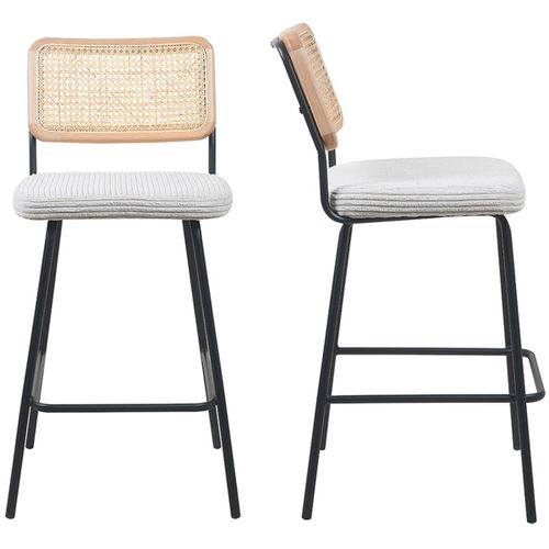 Lot De 2 Tabourets De Bar En Velours Côtelé Beige Et Cannage Naturel