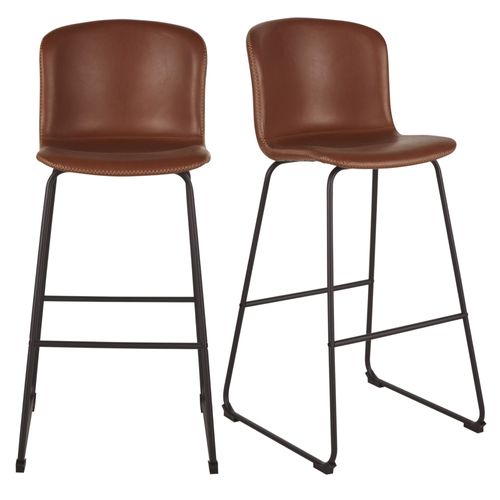 Chaises De Bar En Textile Enduit Marron Effet Cuir Et Métal Noir (X2) H75
