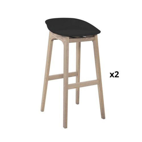 Tabourets D'ilot 65cm Pieds Chêne Assise Plastique Noire - Lot De 2