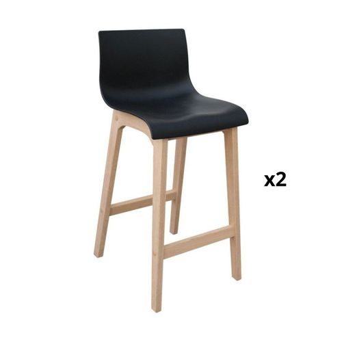 Tabourets D'ilot 65 Cm Pieds Chêne Assise Plastique Noire - Lot De 2