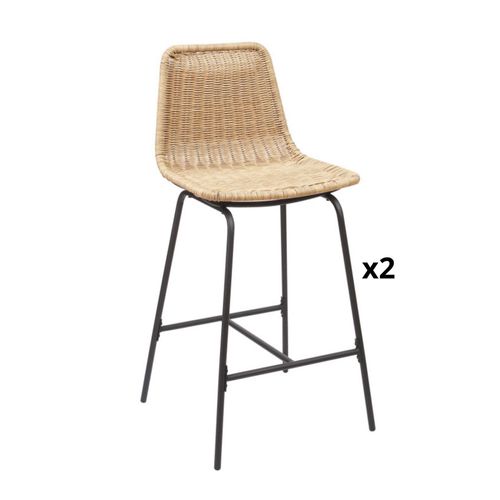 Lot De 2 Tabourets D'ilot 65 Cm En Métal Et Rotin Synthétique Naturel