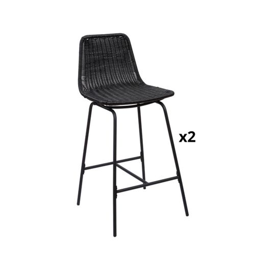 Lot De 2 Tabourets De Bar En Métal Et Rotin Noir 65 Cm Kuta