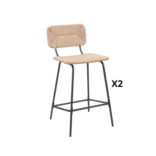 Lot De 2 Tabourets D'ilot 65 Cm En Métal Et Rotin Synthétique Naturel