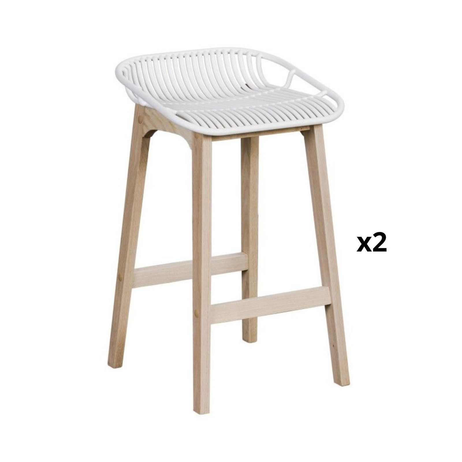 Tabourets D'ilot 65 Cm Pieds Chêne Assise Plastique Blanche -Lot De 2