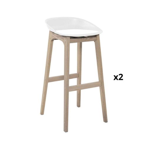 Tabourets D'ilot 75cm Pieds Chêne Assise Plastique Blanche - Lot De 2