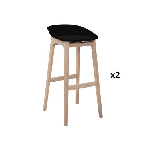 Tabourets D'ilot 75cm Pieds Chêne Assise Plastique Noire - Lot De 2