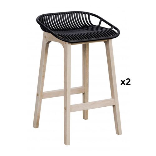 Tabourets D'ilot 65 Cm Pieds Chêne Assise Plastique Noire - Lot De 2
