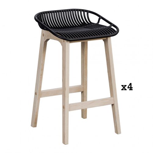 Tabourets D'ilot 65 Cm Pieds Chêne Assise Plastique Noire - Lot De 4